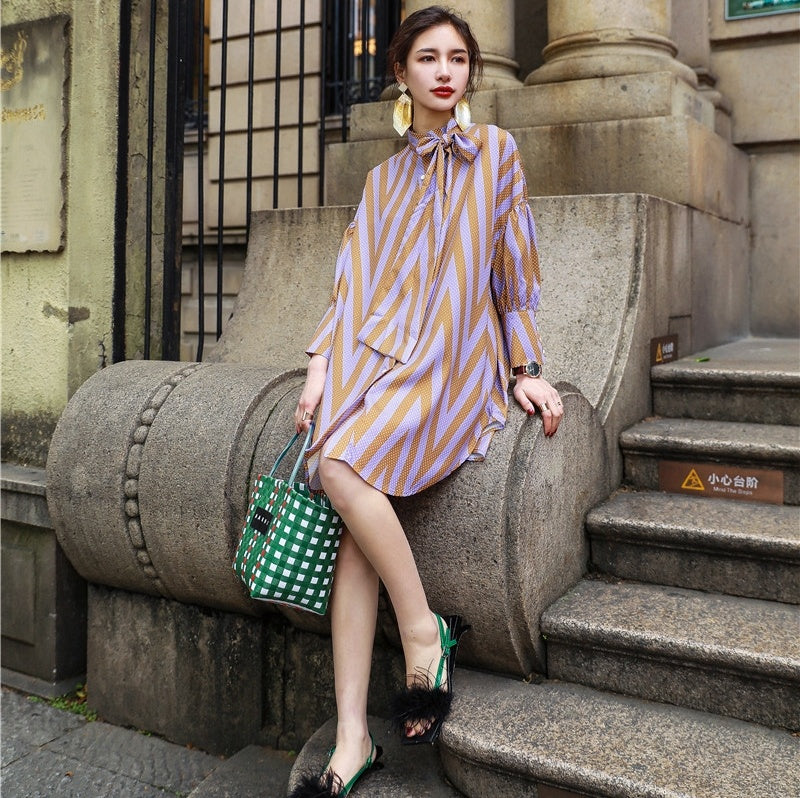 Retro Diamond Check Colour Scarf-Collar Shirt Dress