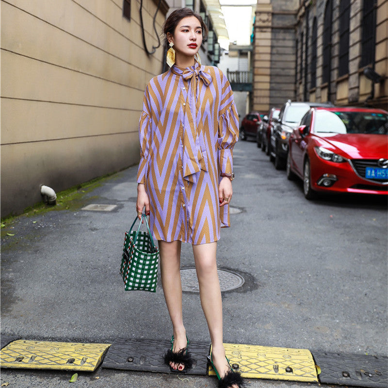 Retro Diamond Check Colour Scarf-Collar Shirt Dress