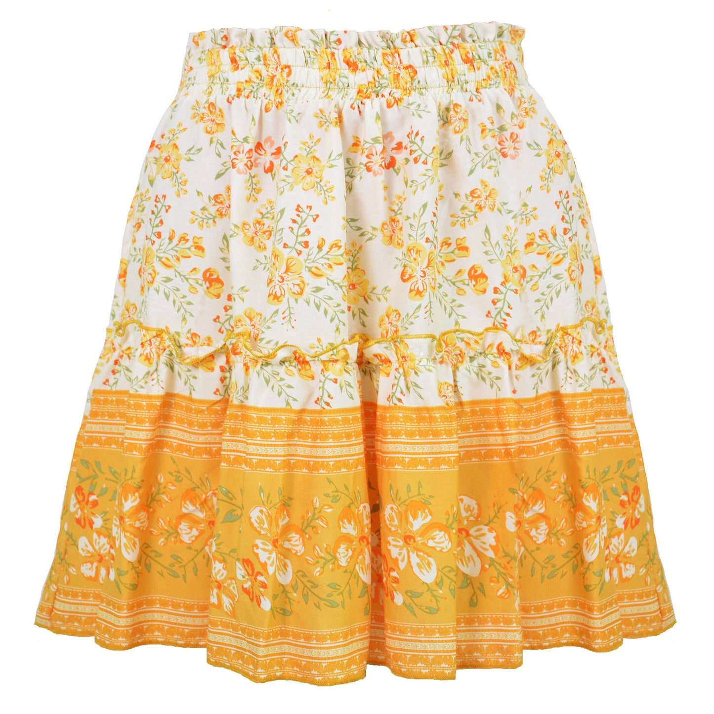 Vireous Bohemian Flower Print Mini Skirt, High Waist Ruffle Skirt