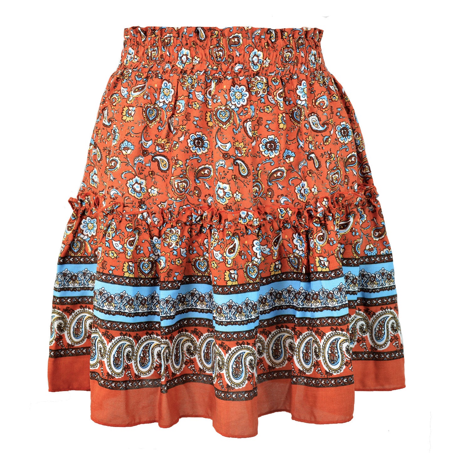 Vireous Bohemian Flower Print Mini Skirt, High Waist Ruffle Skirt