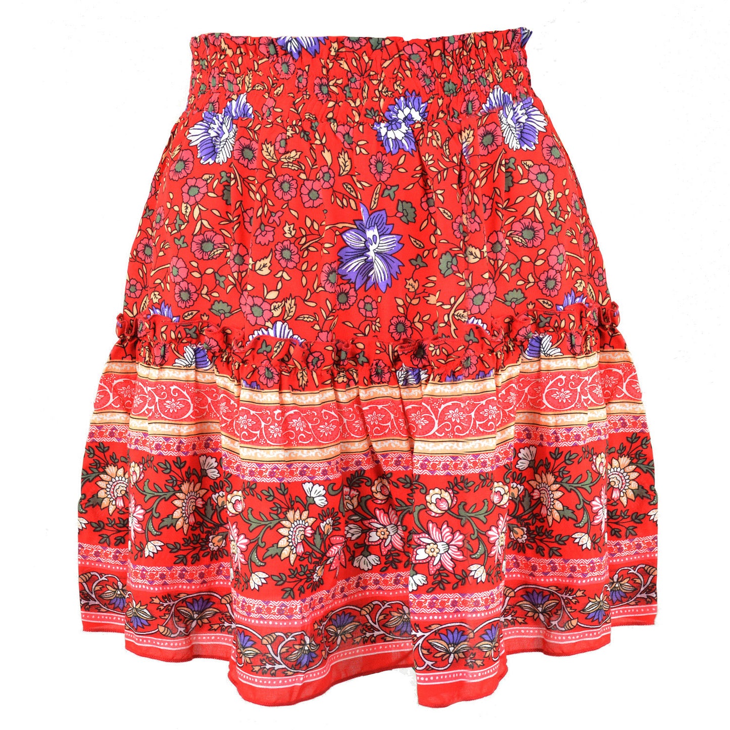 Vireous Bohemian Flower Print Mini Skirt, High Waist Ruffle Skirt