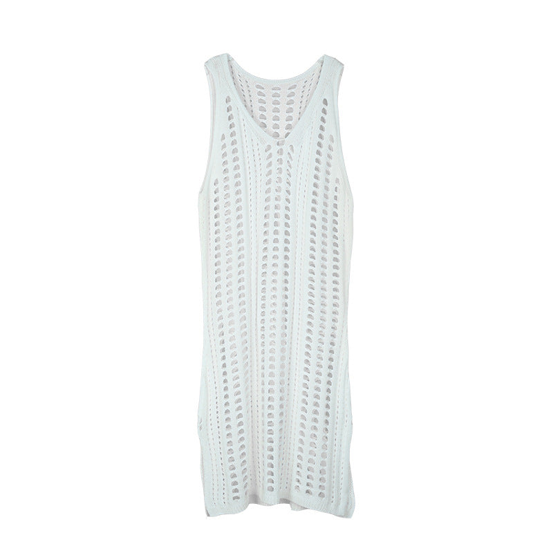 Vireous Sexy Hollow-Out White Crochet Beach Dress