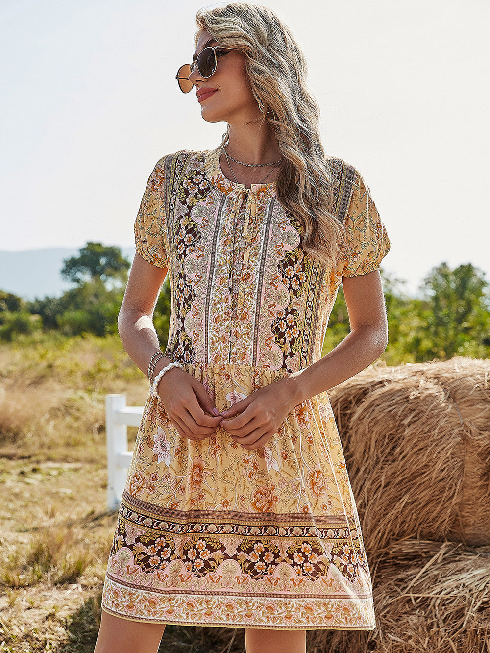 Vireous Floral Print Boho Holiday Style Dress