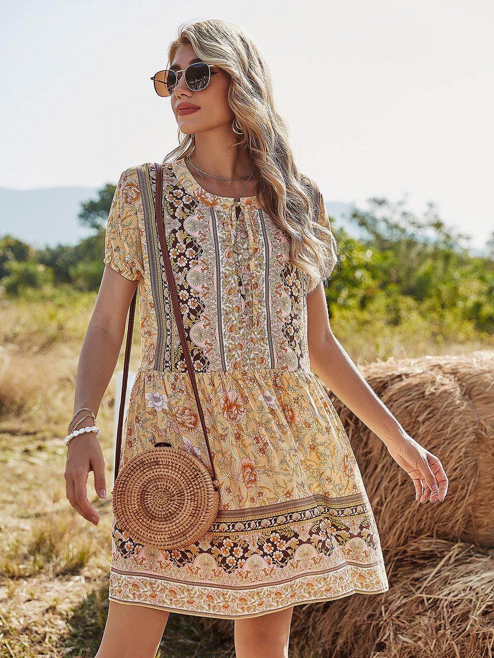 Vireous Floral Print Boho Holiday Style Dress