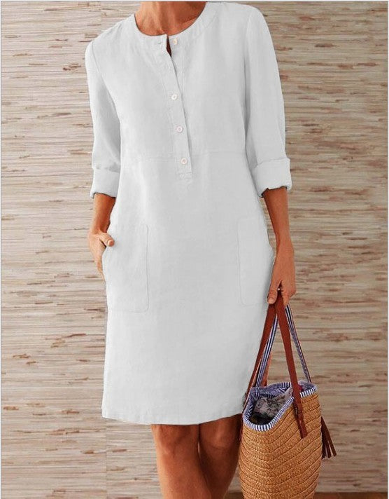 British-Style Round Collar Thick Cotton Dress, Long Sleeves