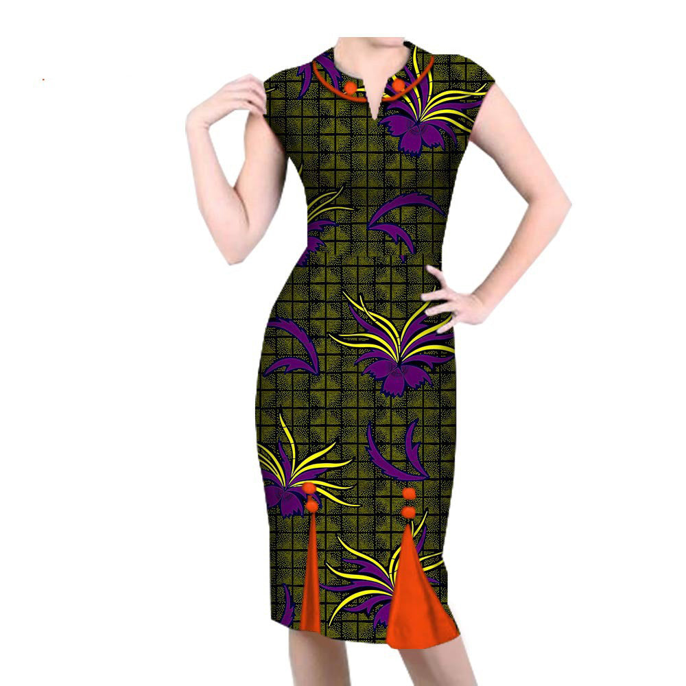 African-Style Peacock Print V-Neck Midi Dress