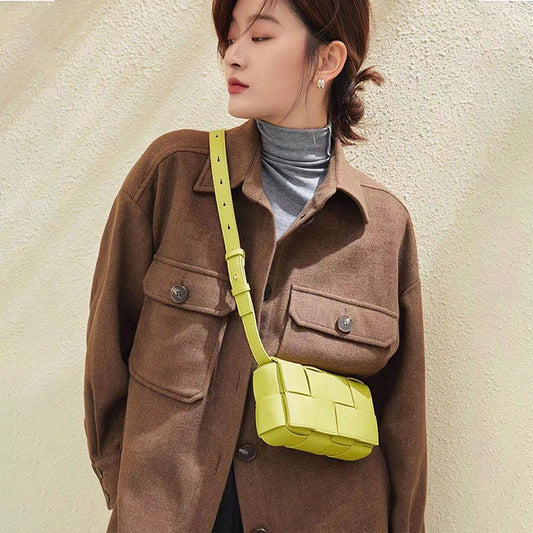 Belt Handbag, Cassette Weave Small Cowhide Leather Flap Bag