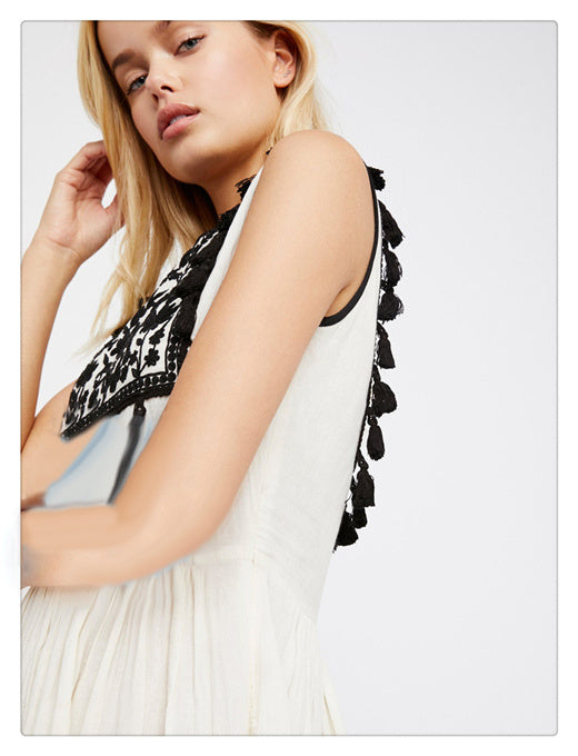 Bohemian Embroidered Floral-Fringe Sleeveless Vest Dress