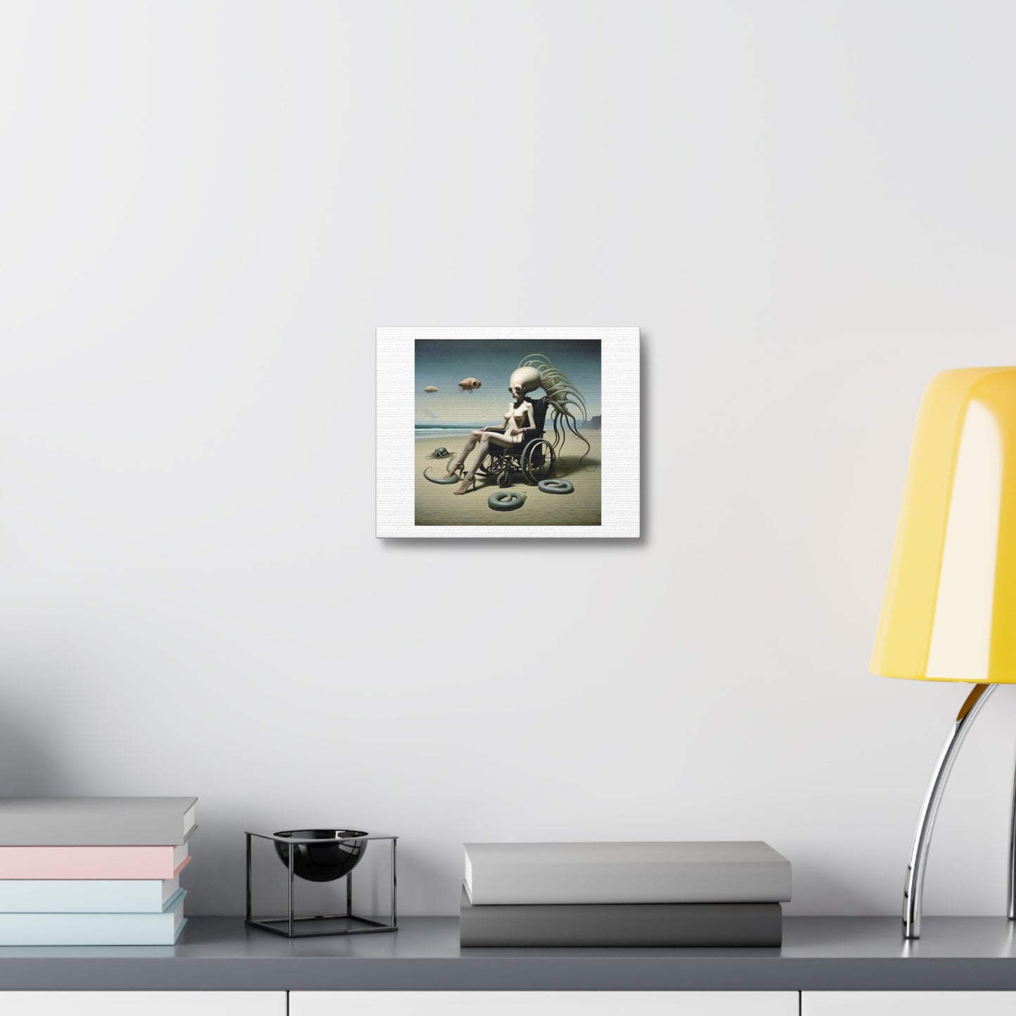 Woman on the Beach with Aliens, Dystopian Art Print II 'Designed by AI' on Canvas