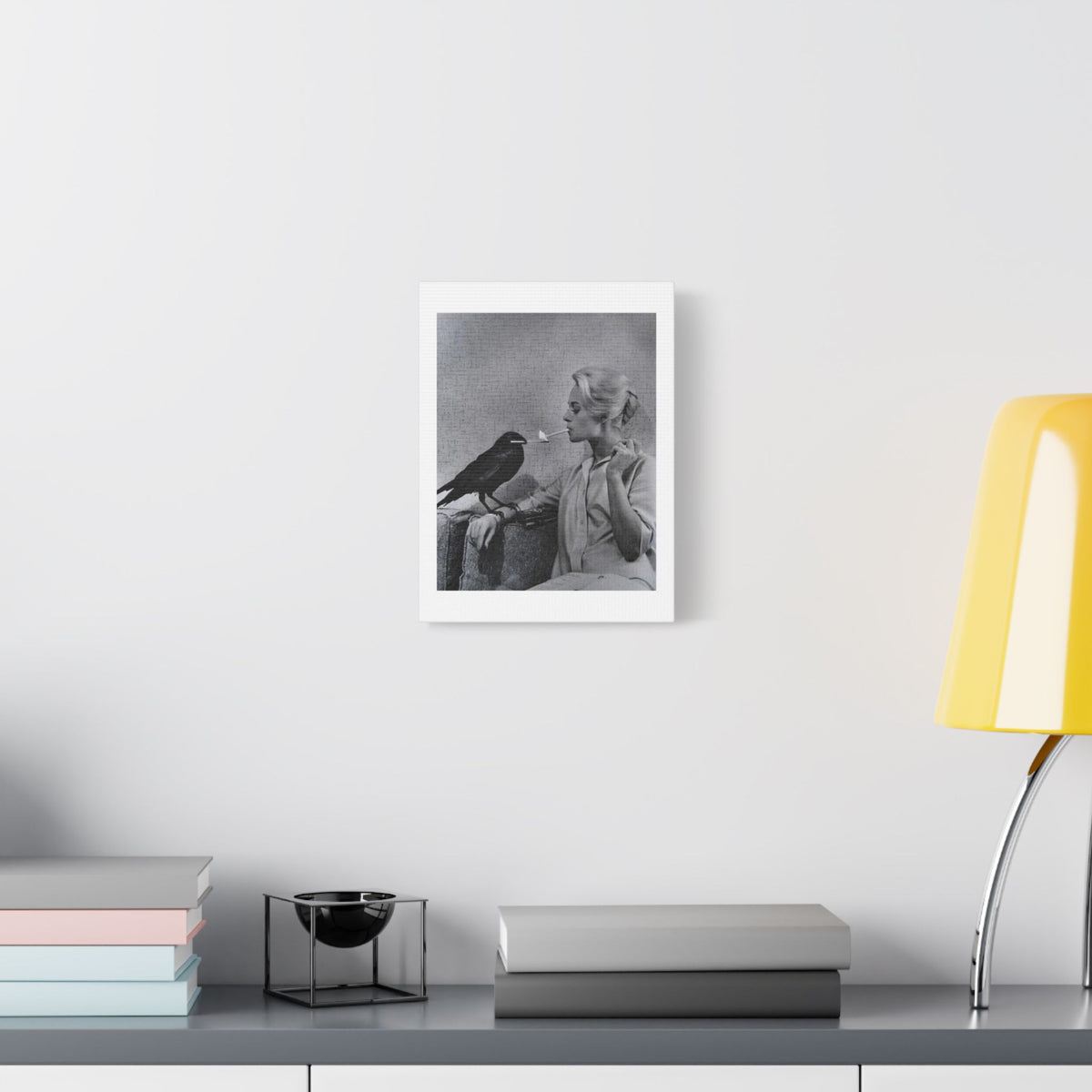The Woman and the Raven, Retro Art Print on Satin Canvas, Stretched