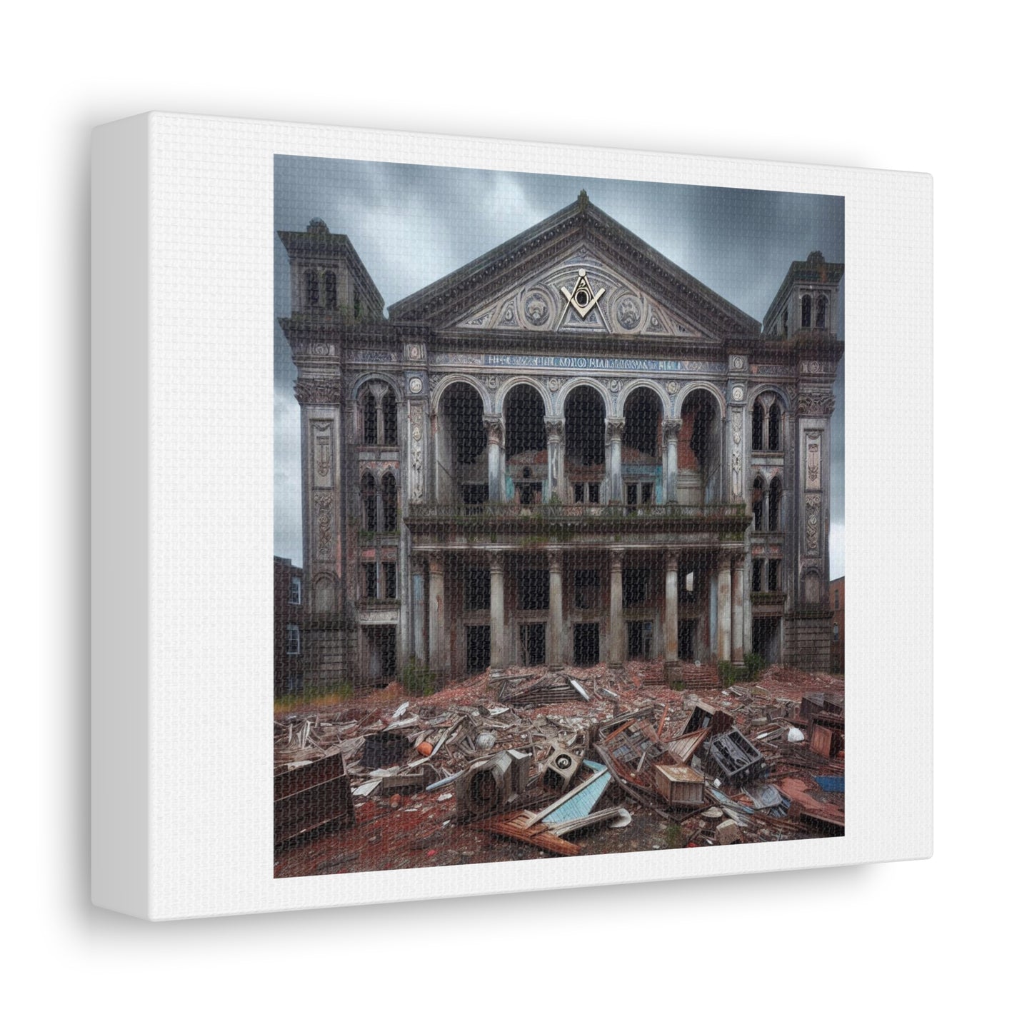 Huge Masonic Hall is Dilapidated and Falling Down II, Art Print 'Designed by AI' on Satin Canvas