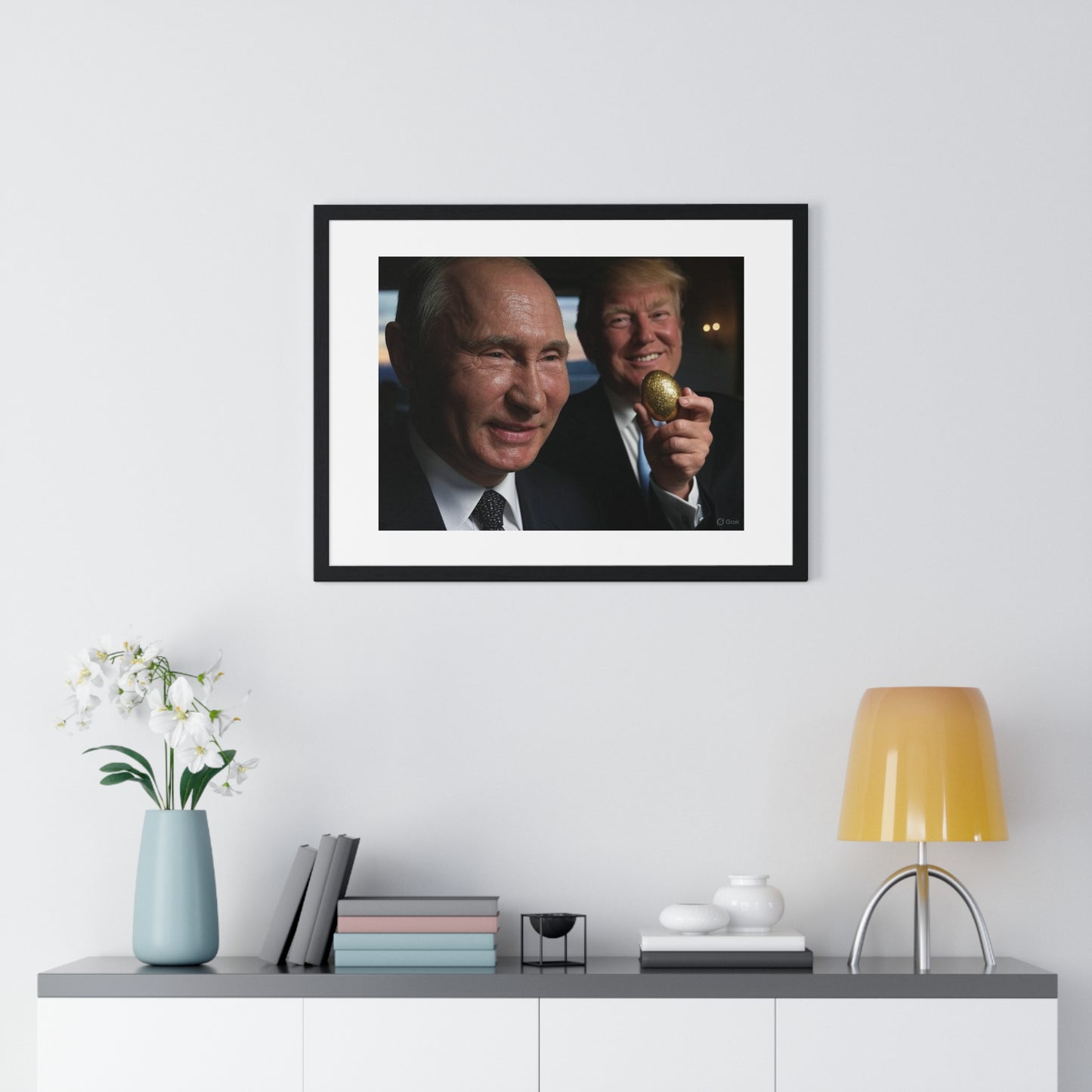 Putin, Trump and the Legend of the Golden Egg, Abstract Art 'Designed by AI' Framed Print