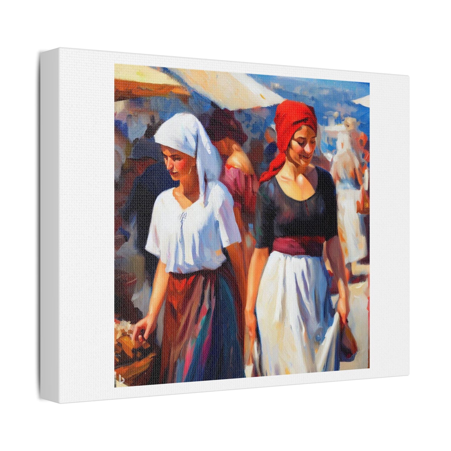 Women in Greek Market, Oil Painting 'Designed by AI' Art Print on Canvas