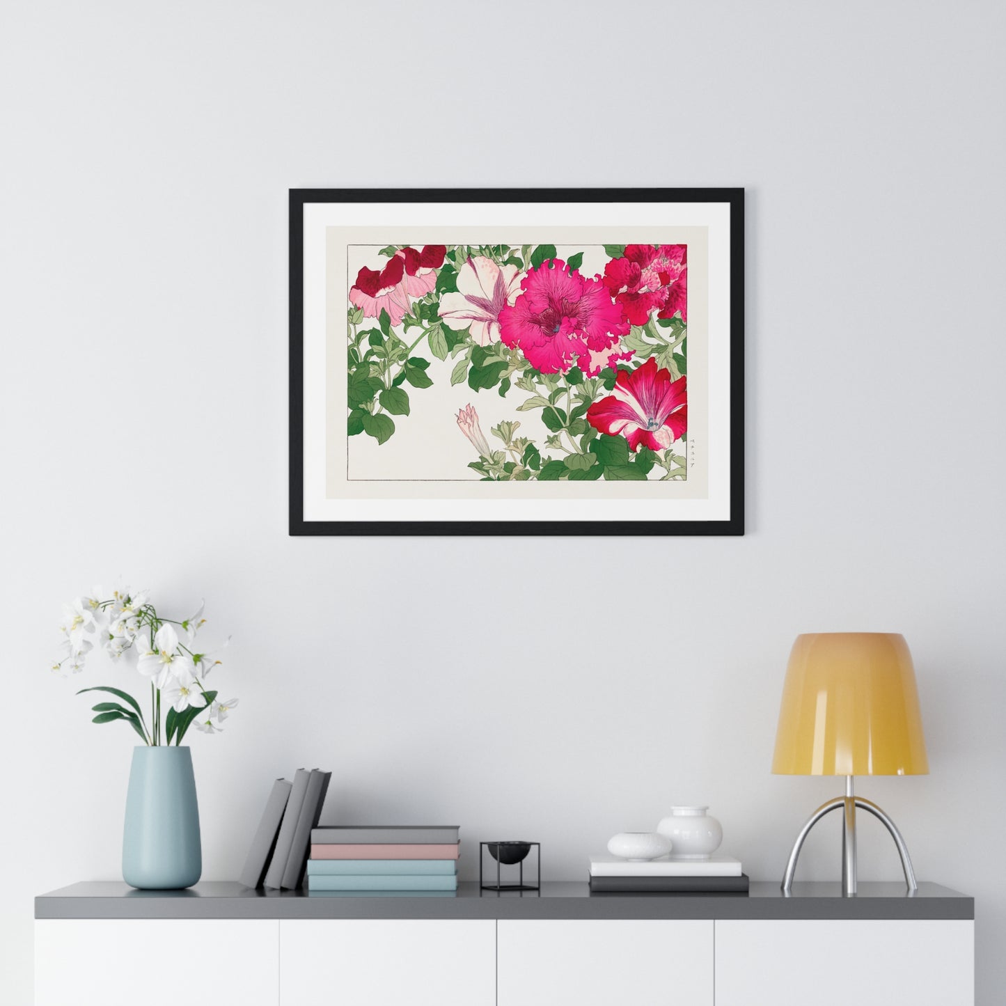 Vintage Petunia, Japanese Woodblock Art (1917) from Seiyō Sōka Zufu, by Tanigami Kônan, Framed Art Print