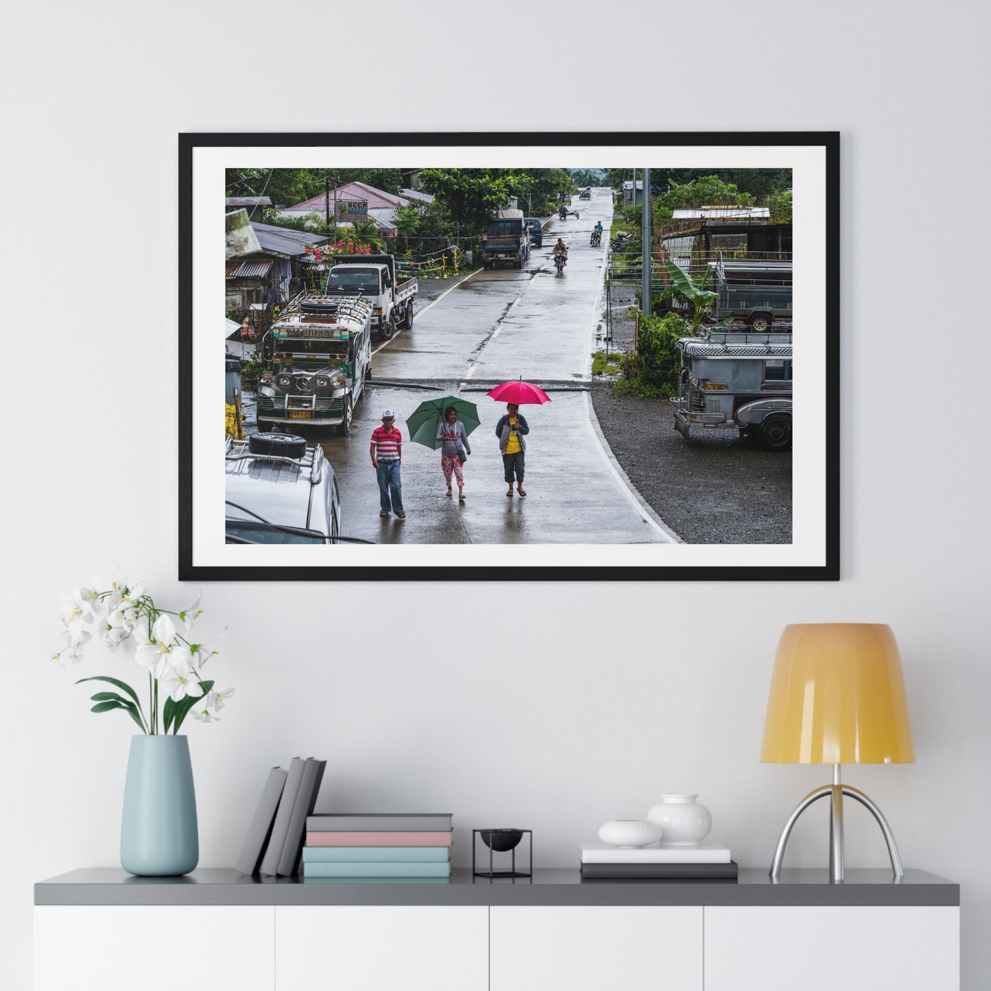 People Walking in the Rain in a Small Village, Nueva Vizcaya, Philippines (2017) Photographic Art, from the Original, Framed Print