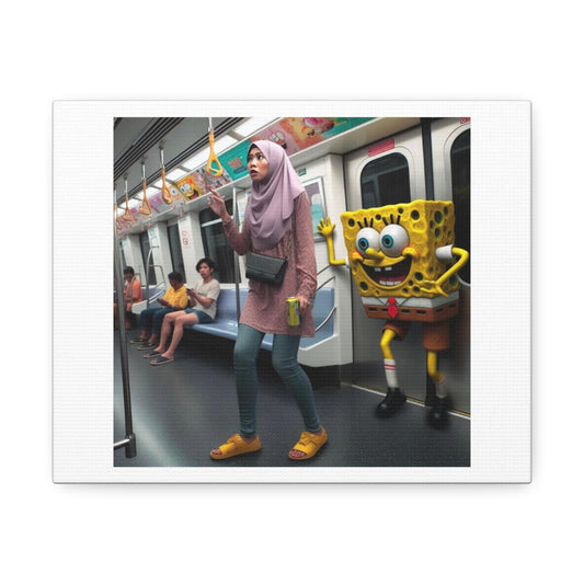 Woman Being Stalked on the Subway by SpongeBob II Digital Art 'Designed by AI' on Satin Canvas