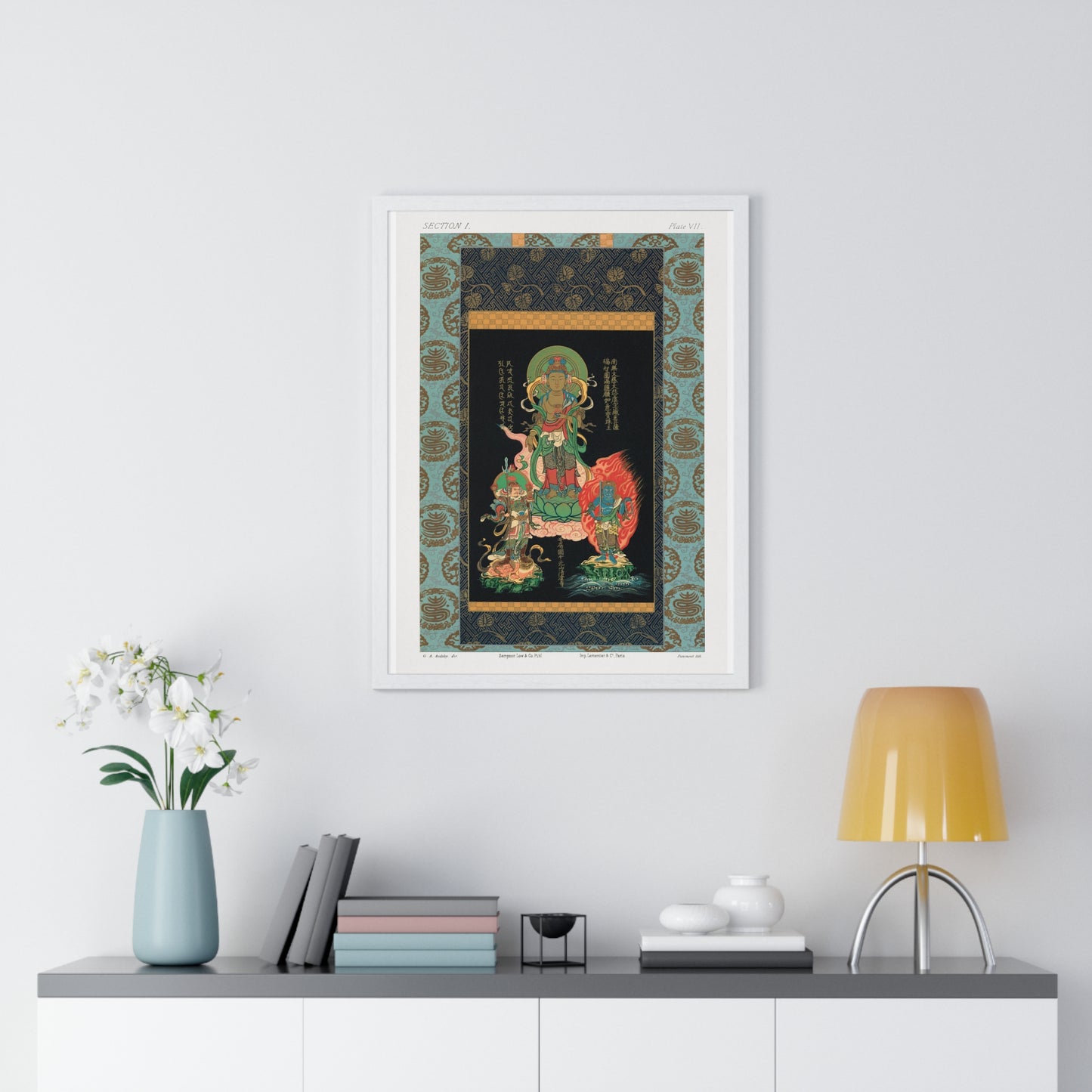 Bodhisattva and Two Gods, Vintage Japanese Painting by George Ashdown Audsley, from the Original, Framed Print