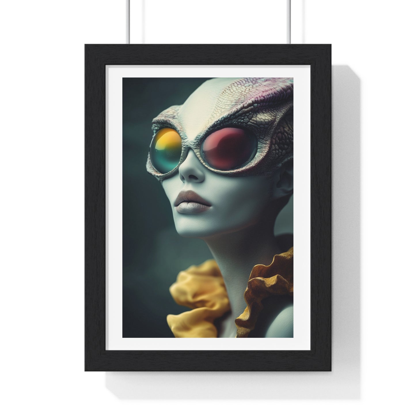 Blue Reptilian Alien, Magazine Poster Art 'Designed by AI' Framed Print