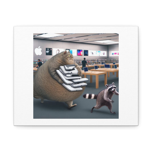 Fat Cat and Raccoon Running from Apple Store Security 'Designed by AI' Art Print on Canvas