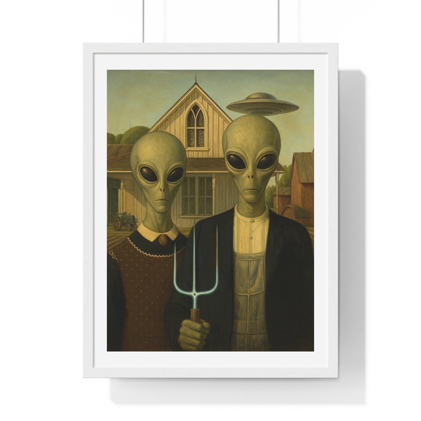 American Gothic Remixed, Midwestern American Aliens 'Designed by AI', Framed Art Print