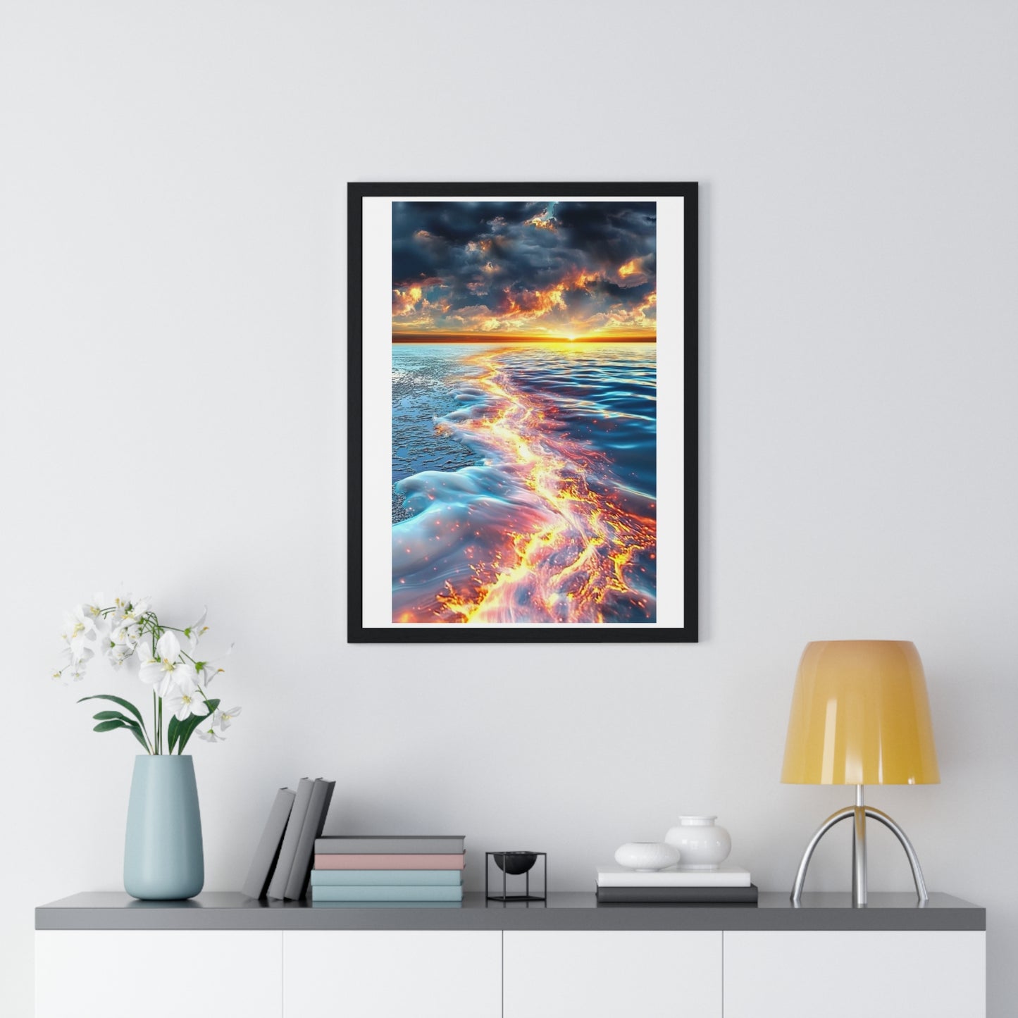 Streaming Fire on the Water, Abstract Art 'Designed by AI' Framed Print