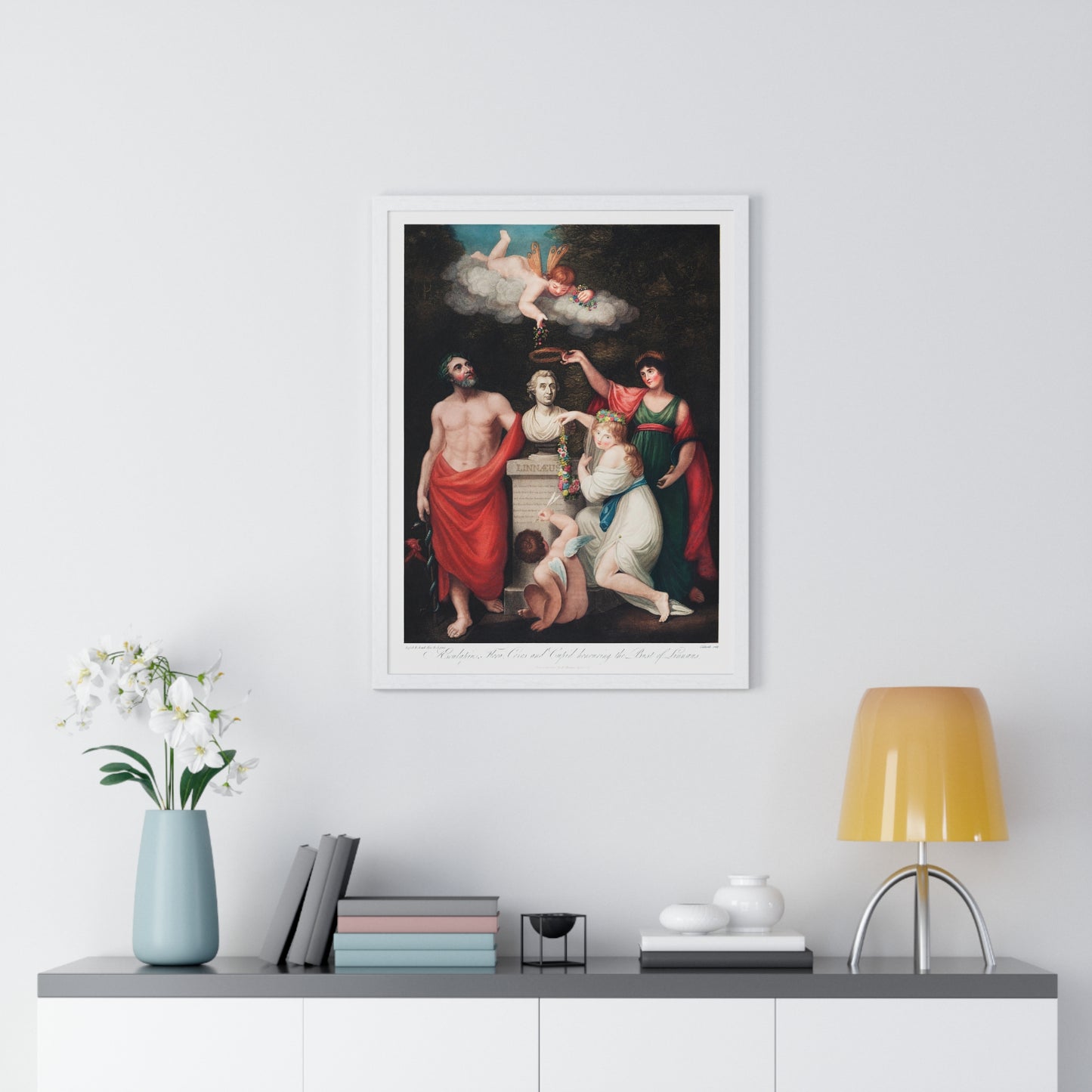 Flora, Aesculapius, Ceres, with Cupid, Honouring the Bust of Linnaeus from The Temple of Flora (1807) by Robert John Thornton, from the Original, Framed Art Print