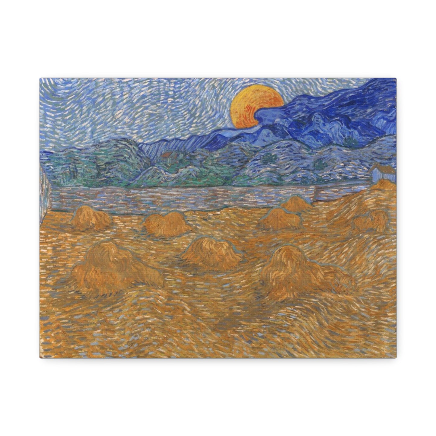 Landscape with Wheat Sheaves and Rising Moon (1889) by Vincent van Gogh from the Original, Art Print on Satin Canvas