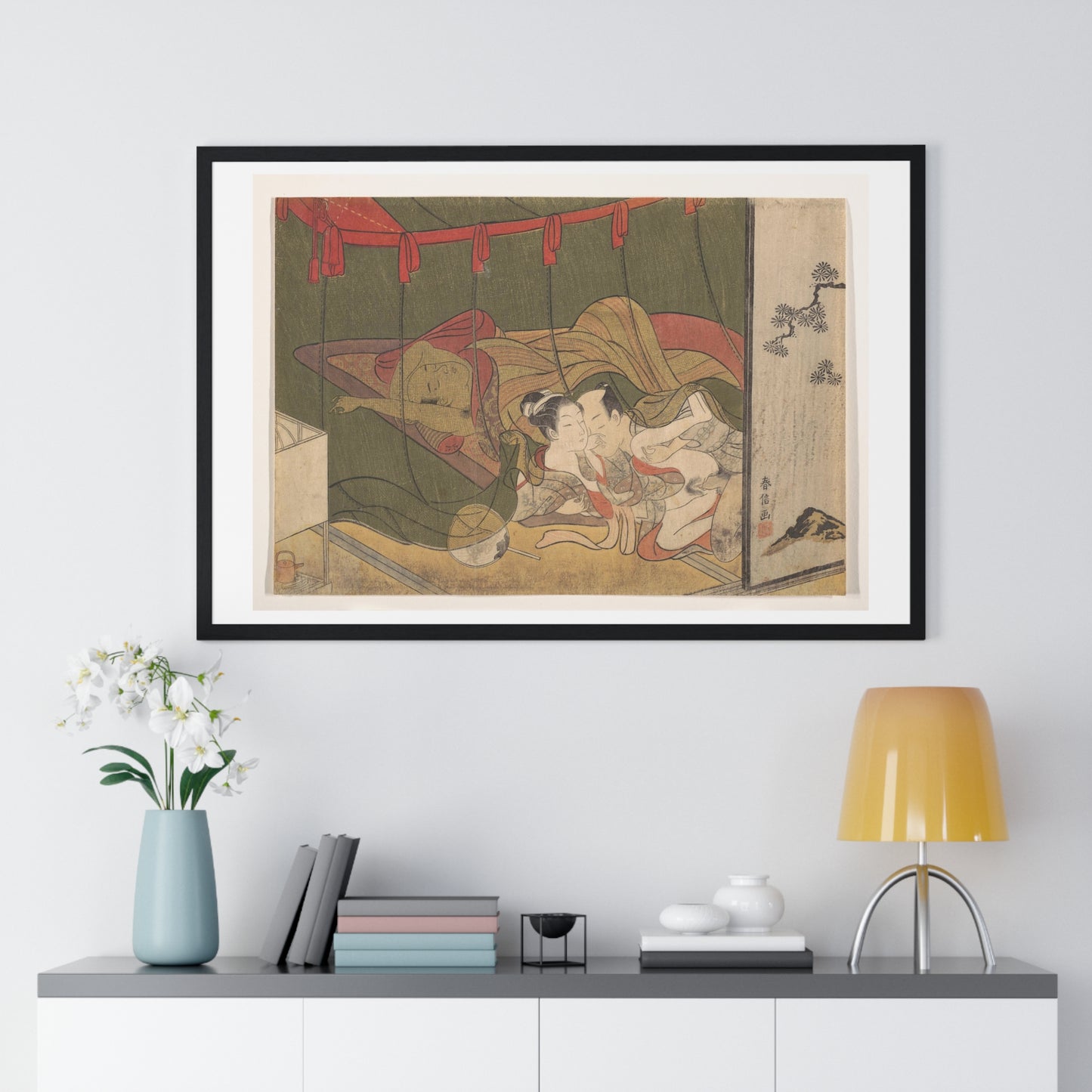 Lovers Beneath a Mosquito Net (18th Century) by Suzuki Harunobu, from the Original, Framed Print