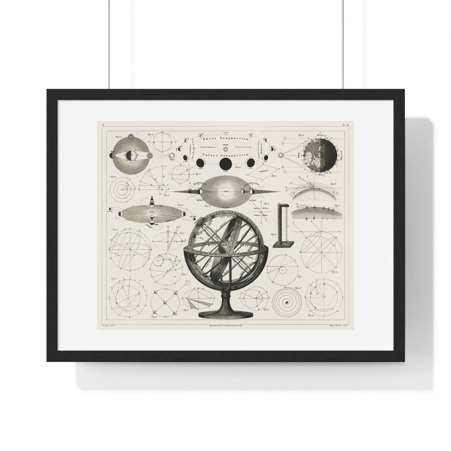 Bolder-Atlas by Brockhaus (1849) an Antique Drawing of Vintage Astrological Spheres and Charts, Framed Print from the Original