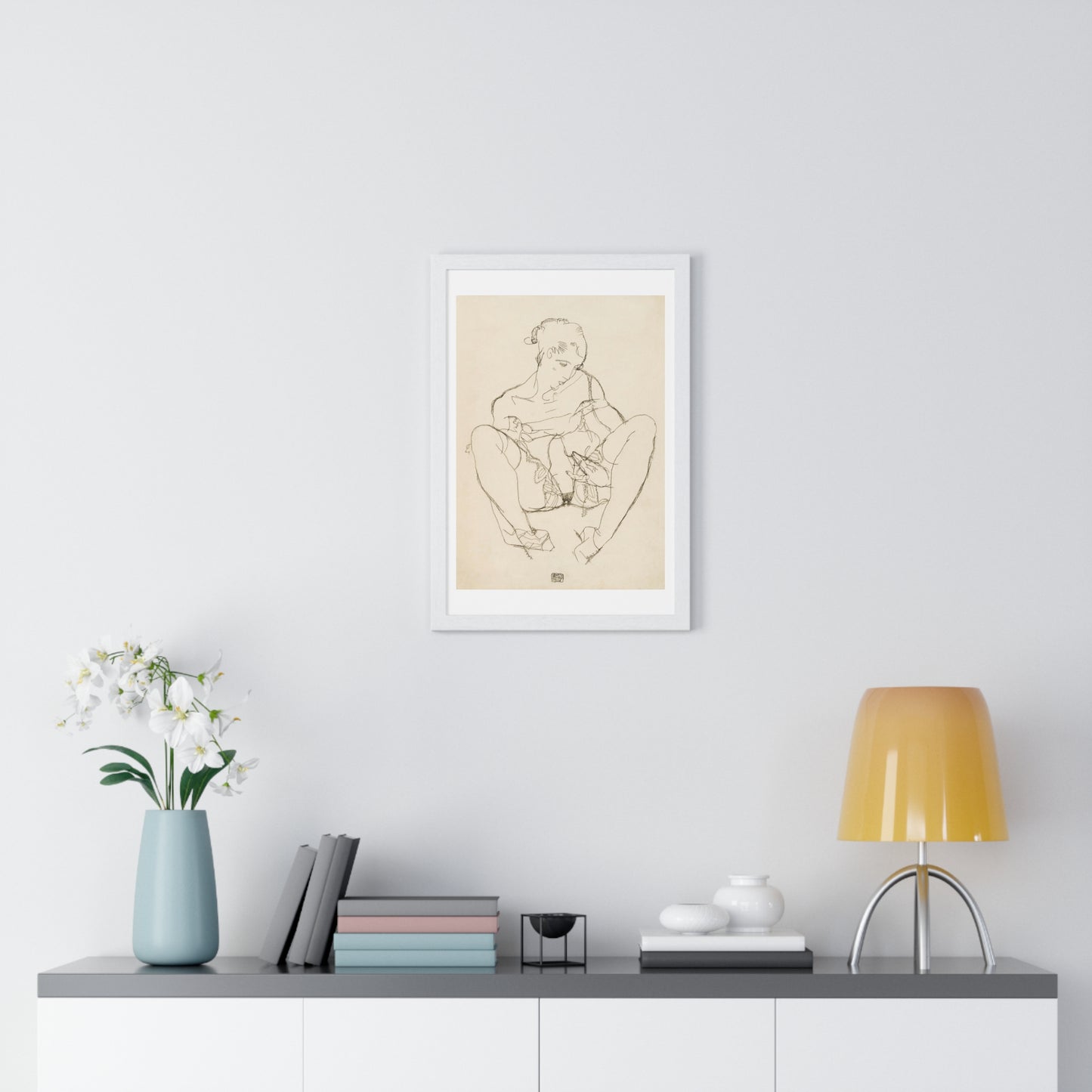 Seated Woman in Chemise (1914) Line Art Drawing by Egon Schiele, from the Original, Framed Print