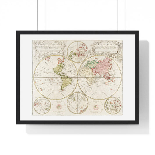 Antique Map of the World, Planiglobii Terrestris, Mappa Universalis (1746) by Johann Baptist, from the Original, Framed Art Print