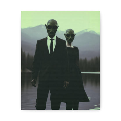 Couple Wearing Alien Mask, Sunglasses Photorealism in Silhouette 'Designed by AI' Art Print on Canvas