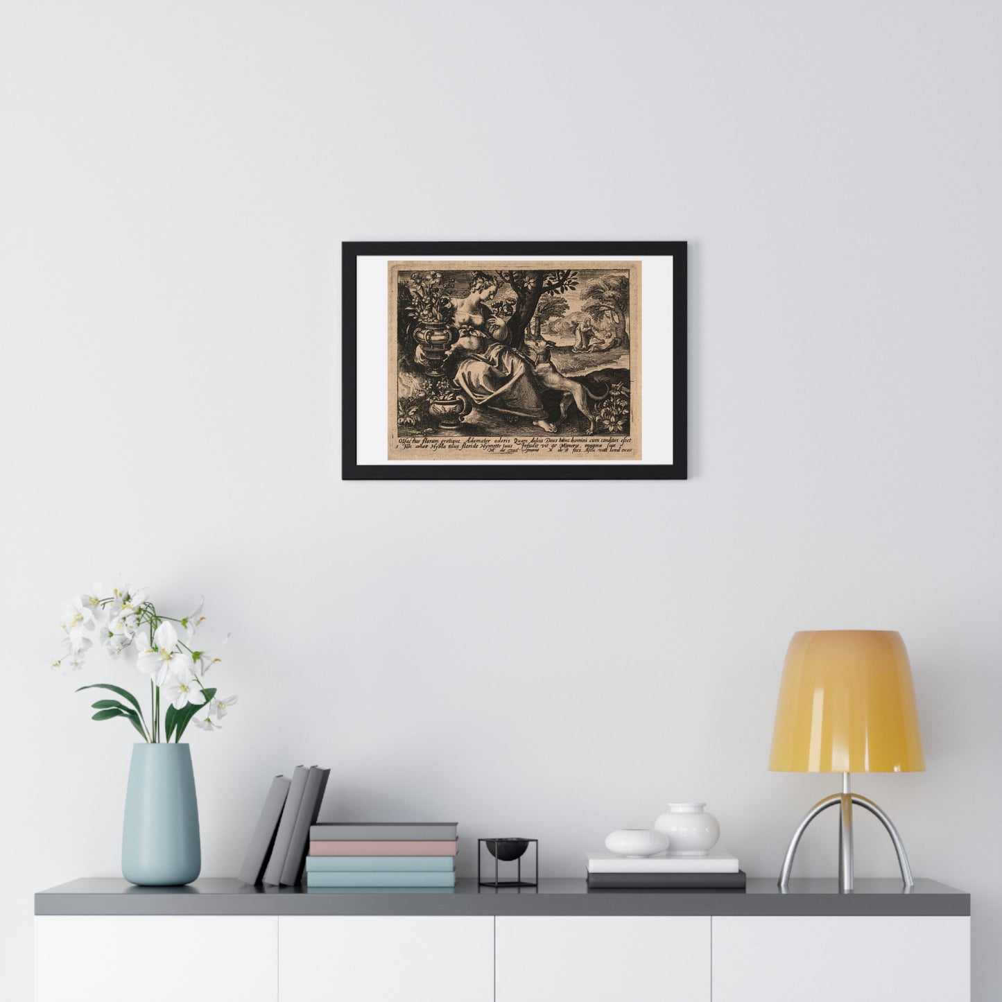 Woman in a Garden with Flowers, God Blows Spirit into Adam's Body, Reproduction Flemish Engraving, Framed Art Print