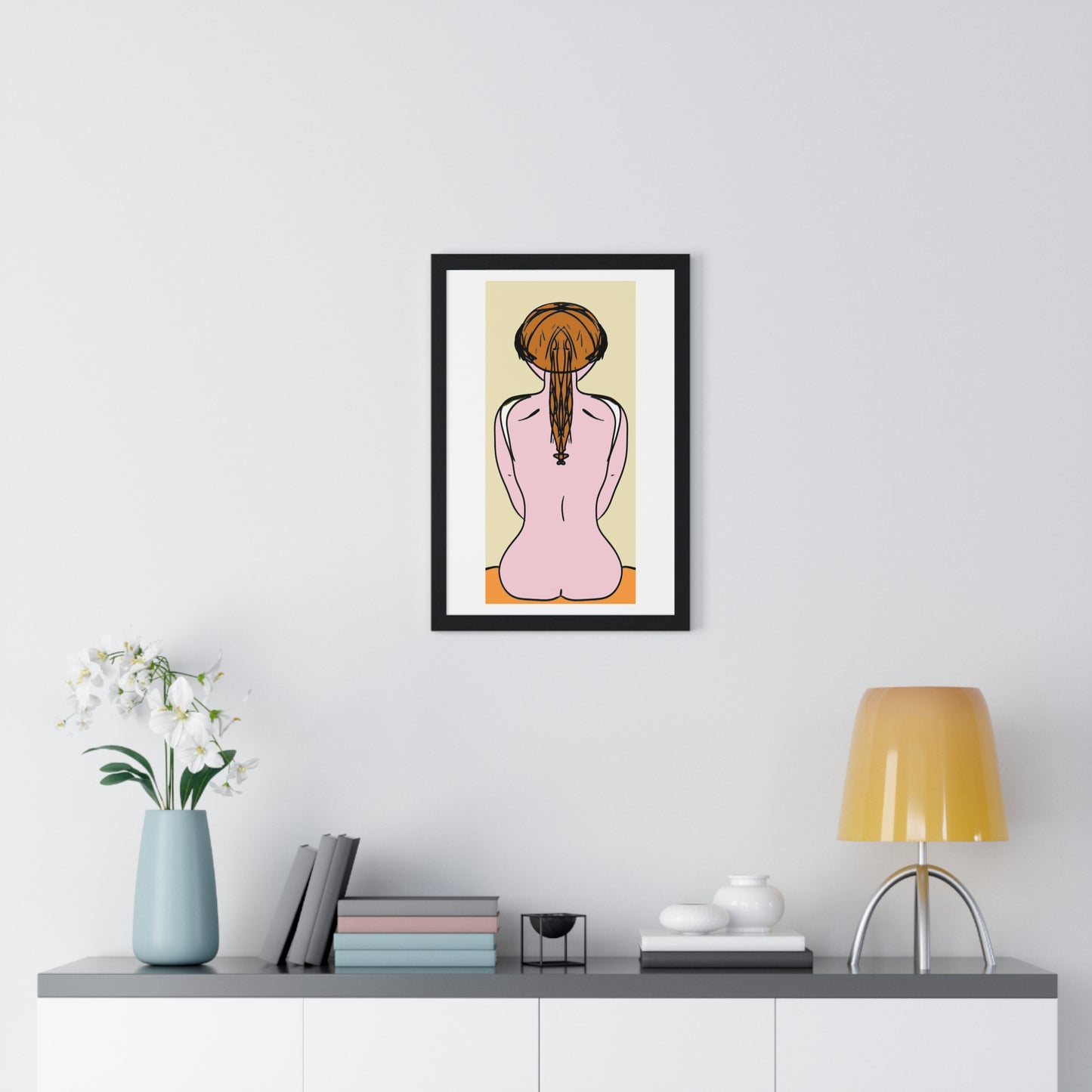 Woman From the Rear, Pencil Sketch 'Designed by AI', Framed Art Print