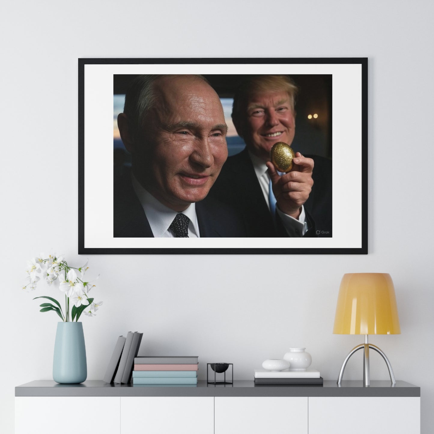 Putin, Trump and the Legend of the Golden Egg, Abstract Art 'Designed by AI' Framed Print