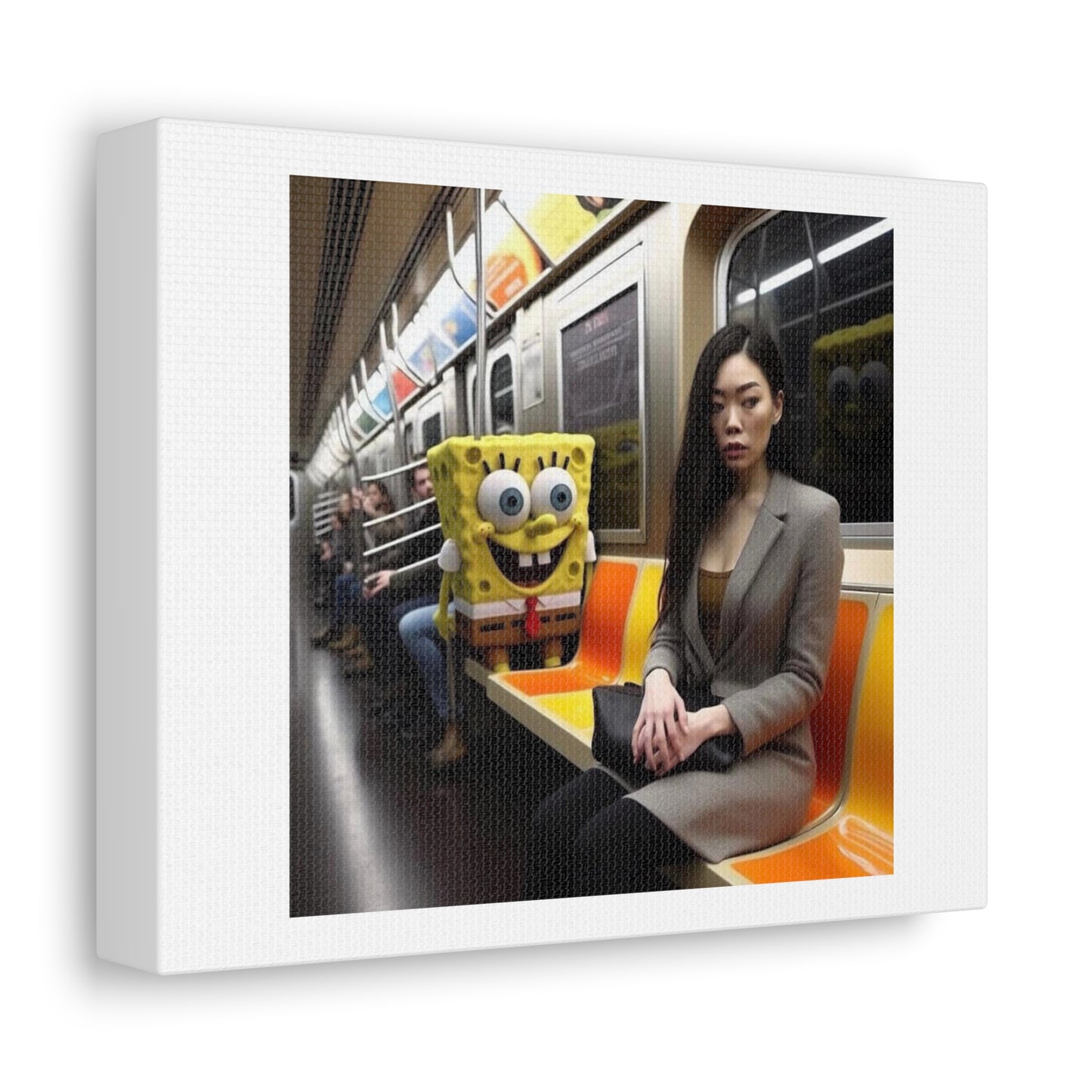 Woman Being Stalked on the Subway by SpongeBob Digital Art 'Designed by AI' on Satin Canvas