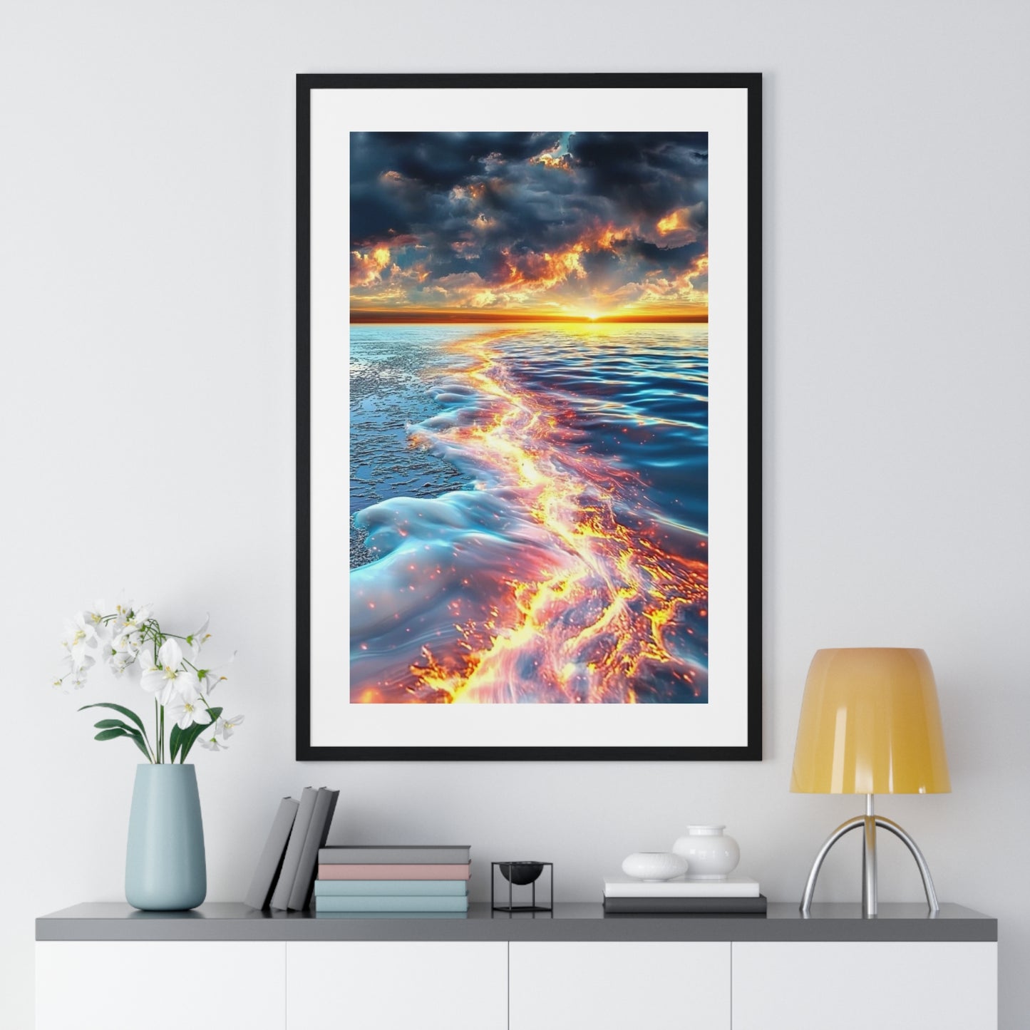 Streaming Fire on the Water, Abstract Art 'Designed by AI' Framed Print