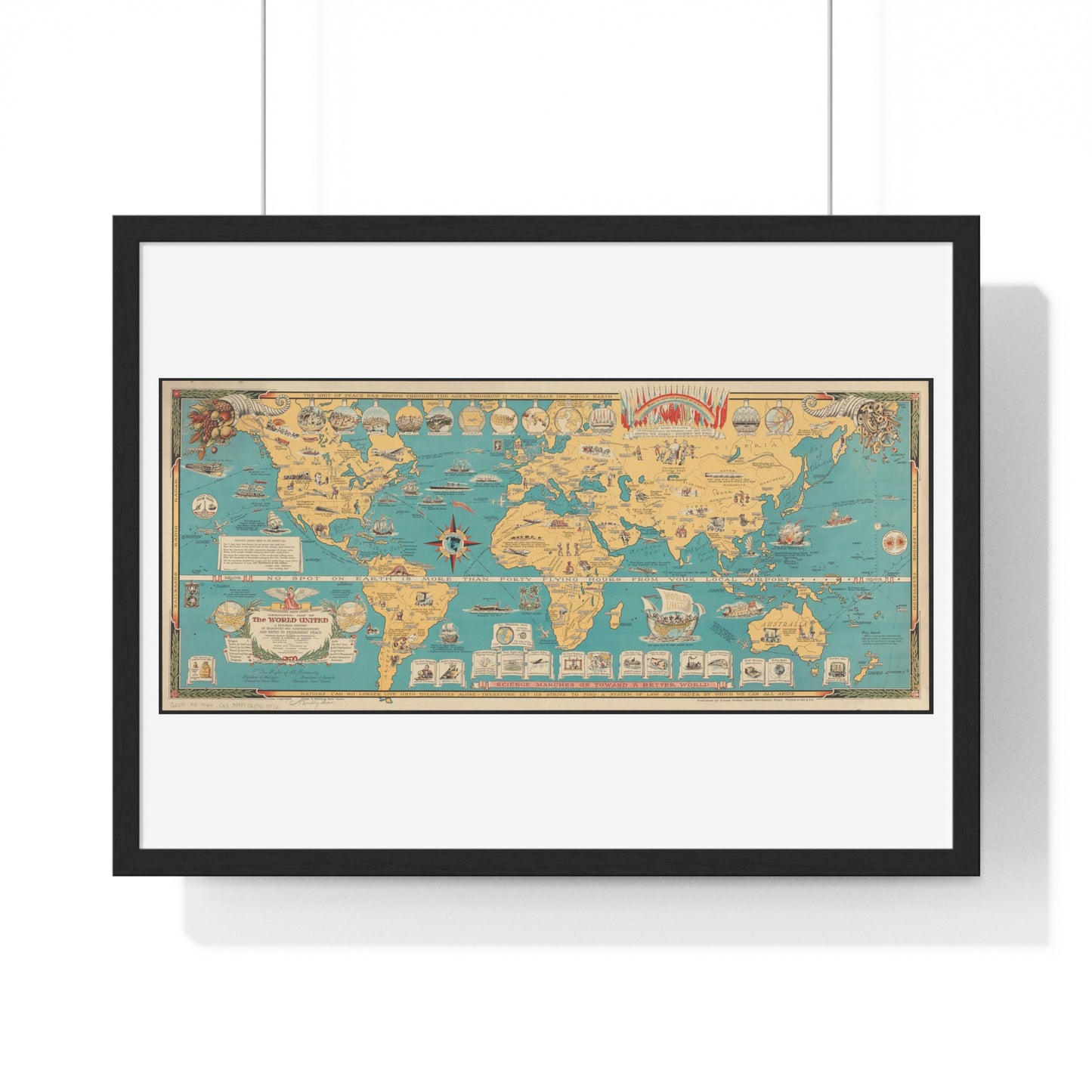 Mercator Map of the World United: A Pictorial History of Transport and Communications and Paths to Permanent Peace (1944), from the Original, Framed Art Print