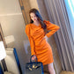 Ruche-Collar Dress, Large Sleeves Fashion Dress