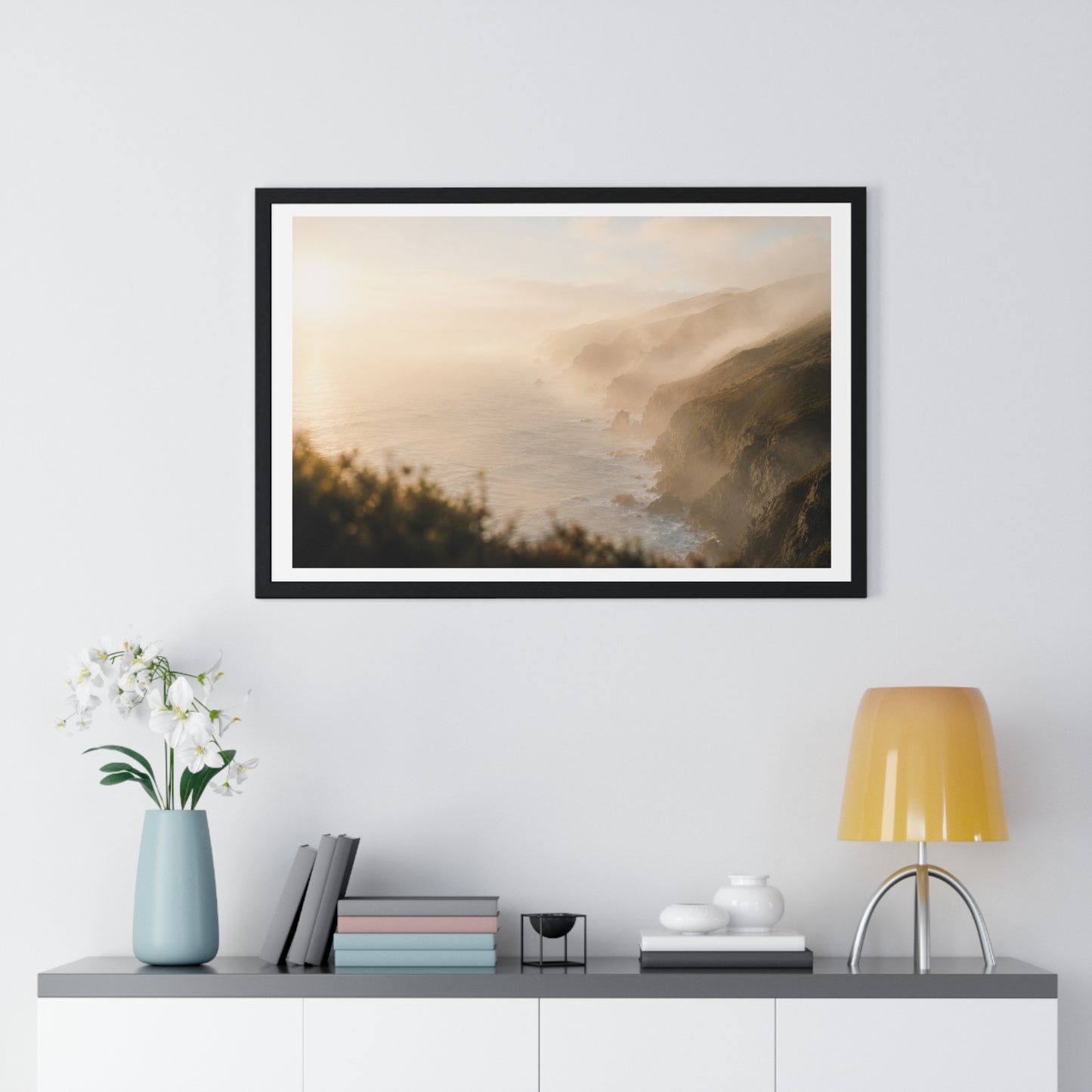 Golden Hour Coastal Mist and Cliffs, Landscape Art Framed Print
