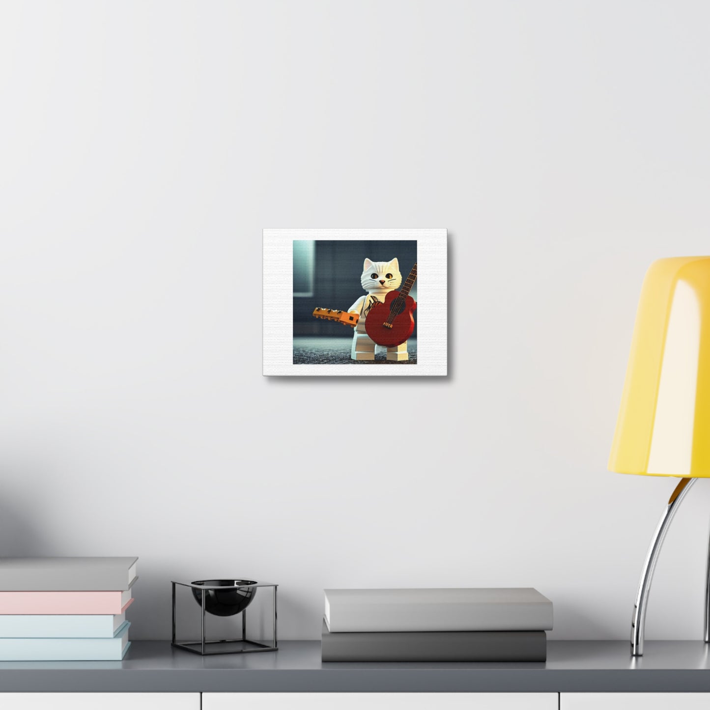 Lego Cat Holding a Guitar 'Designed by AI' Art Print on Canvas