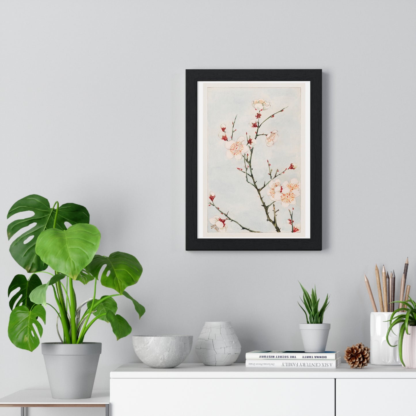 Plum Branches with Blossoms (1870–1880) by Megata Morikaga, from the Original, Framed Art Print