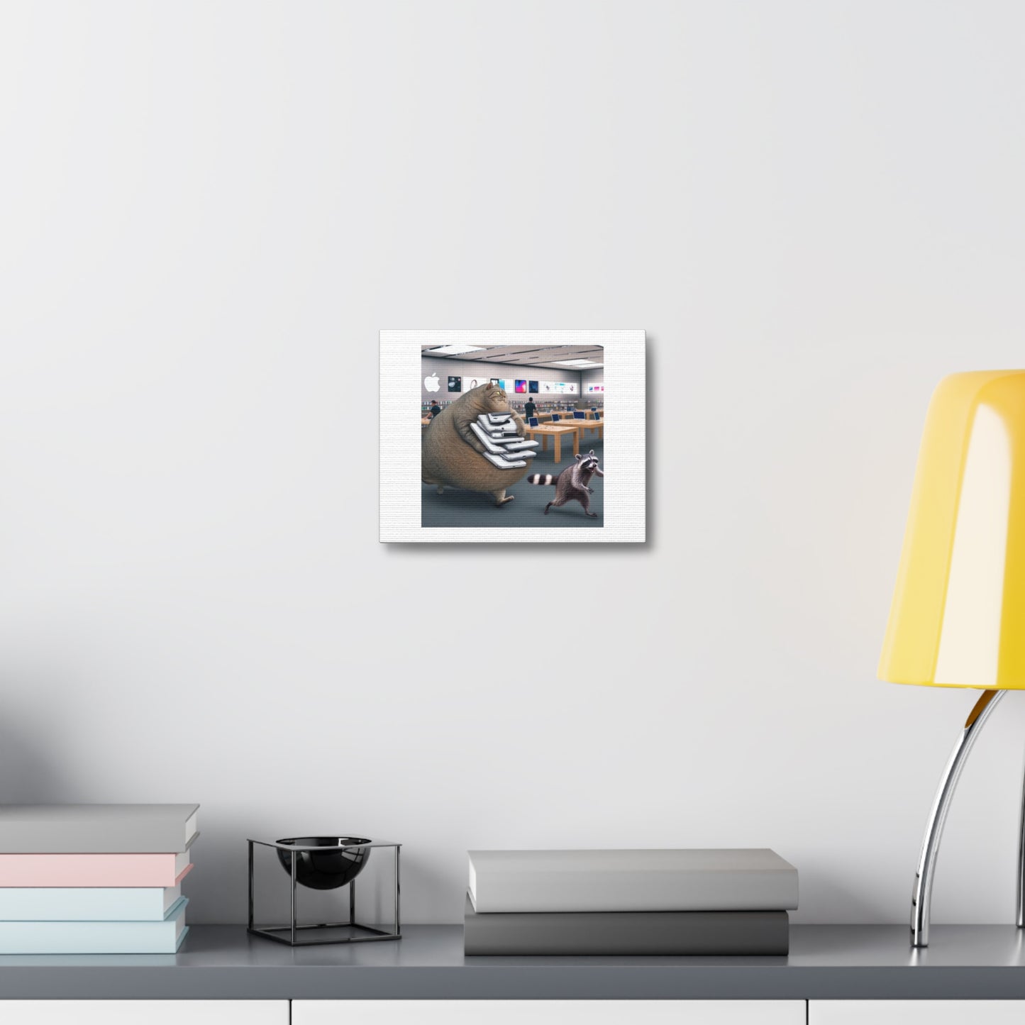 Fat Cat and Raccoon Running from Apple Store Security 'Designed by AI' Art Print on Canvas