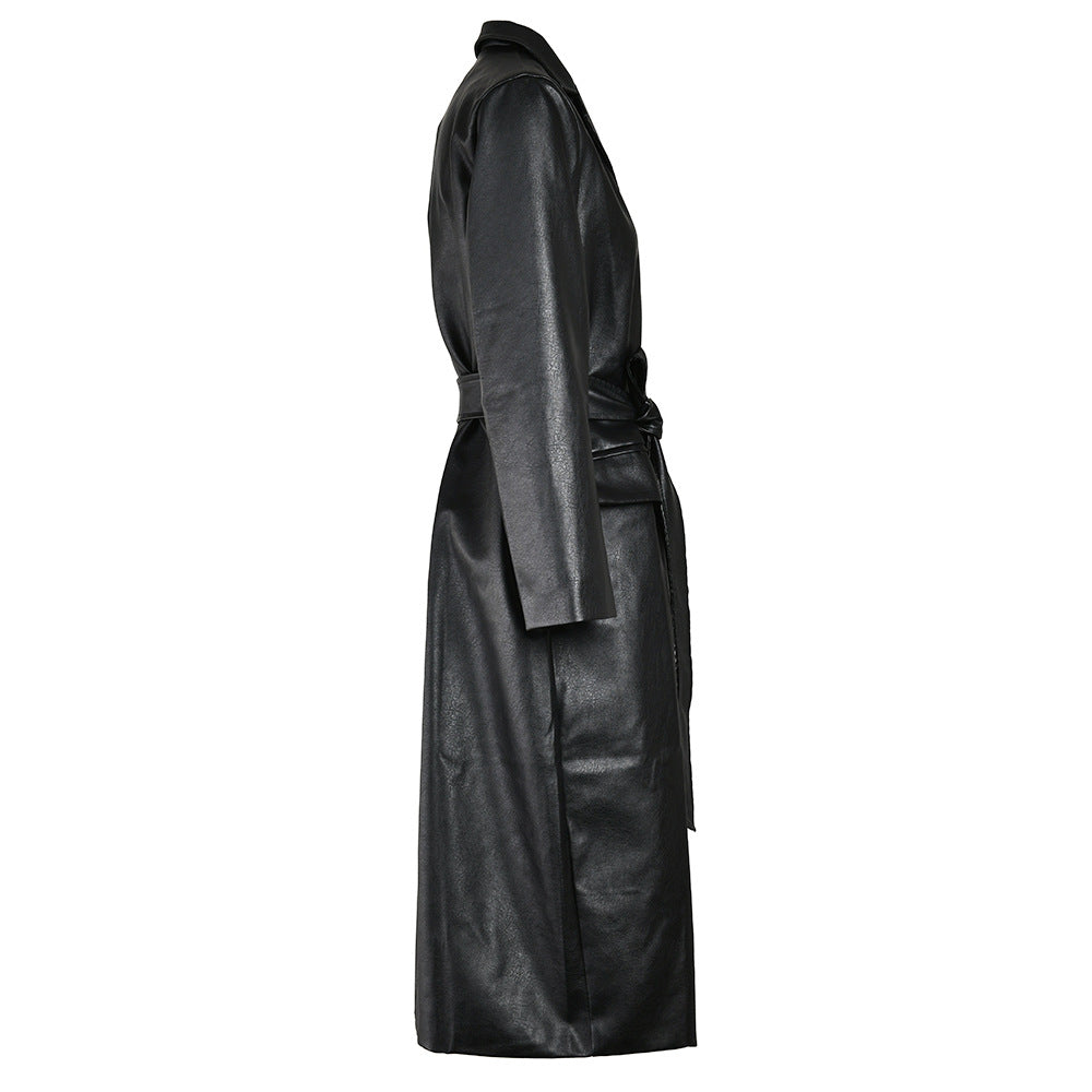 Vireous Waist-Tight Thin Black PU Leather Women's Coat