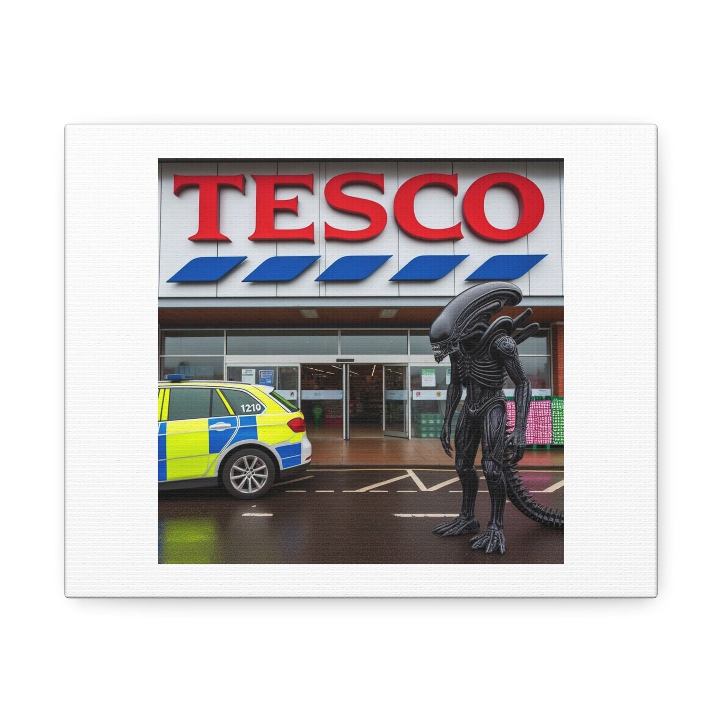 Alien is Just Trying to Get a Meal Deal, Absurdist Art 'Designed by AI' Print on Canvas