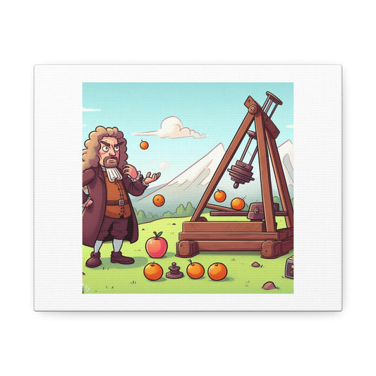 The Precise Moment Isaac Newton Discovered Gravity Cartoon Art 'Designed by AI' Art Print on Canvas