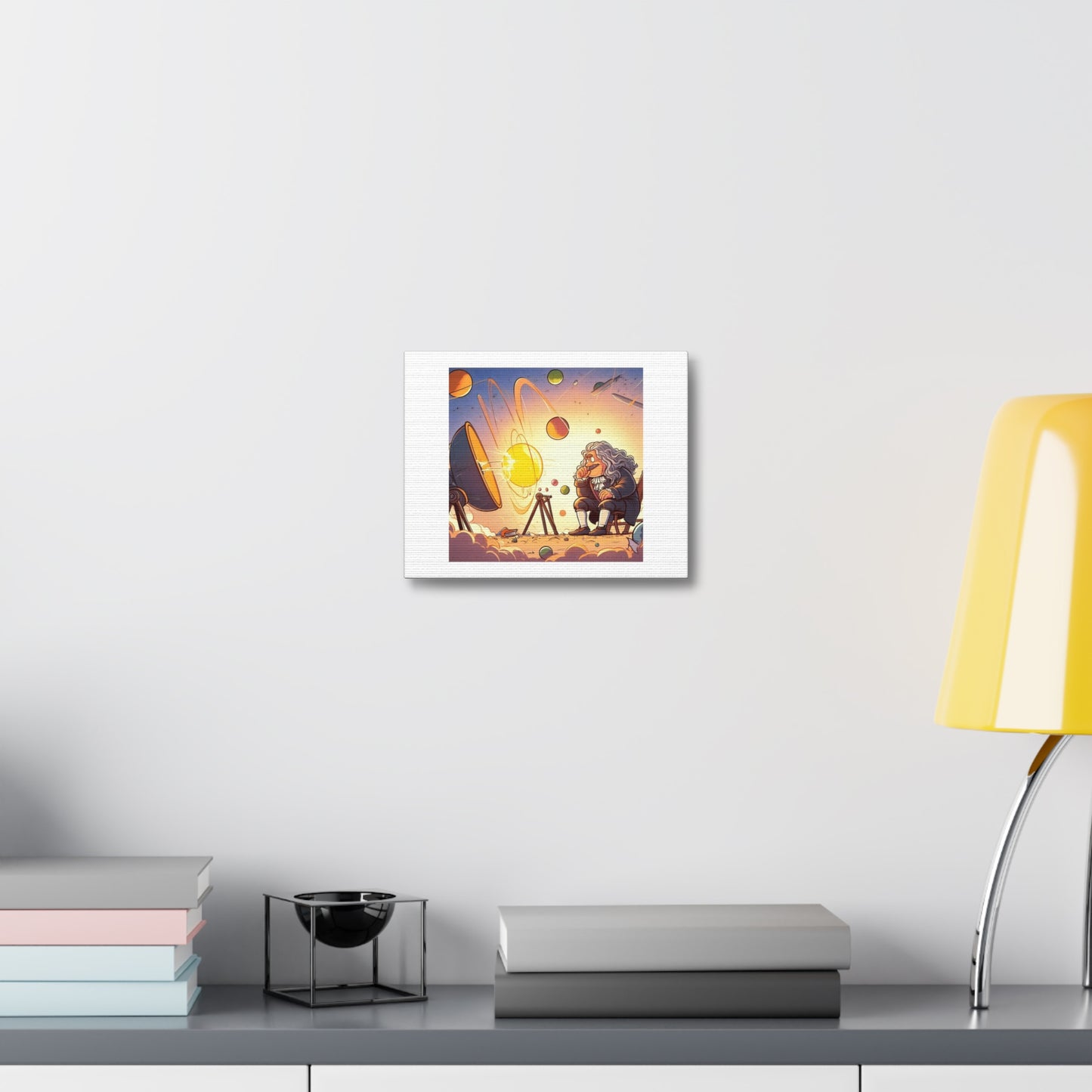 The Precise Moment Isaac Newton Discovered Gravity Cartoon Art II 'Designed by AI' Art Print on Canvas