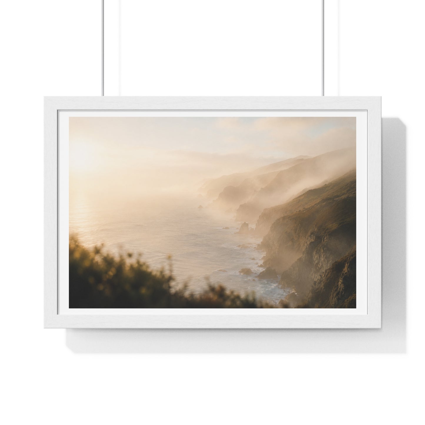 Golden Hour Coastal Mist and Cliffs, Landscape Art Framed Print