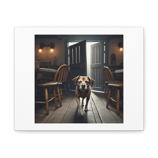 Dog Walks into a Tavern in Morning Light 'Designed by AI' Art Print on Canvas