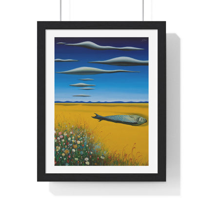 Yellow Meadow with Flowers, Surrealist Art 'Designed by AI' Framed Print